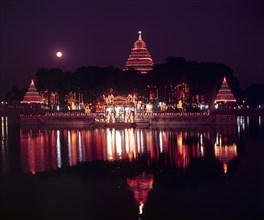 Illuminated Mariamman Teppakulam or Vandiyur tank during Float festival in Madurai