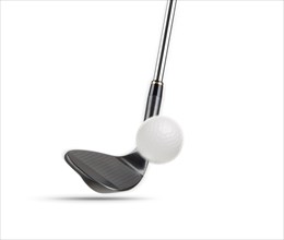 Black golf club wedge iron hitting golf ball on white background