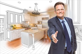 Smiling male agent reaching for hand shake in front of kitchen drawing and photo combination