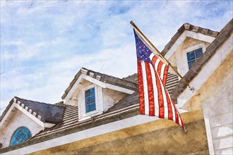 Artist rendering of american flag hanging from house facade
