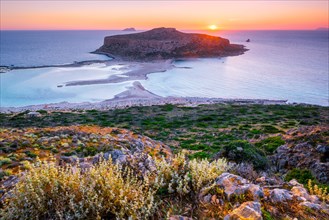 Island Gramvousa and the beautiful Balos beach on sunset in Crete island