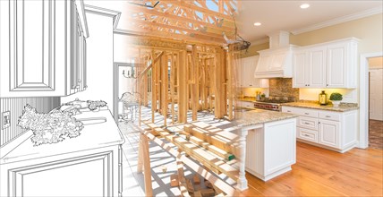 Kitchen blueprint drawing gradating into house construction framing then into finished build