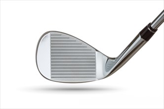 Face of chrome golf club wedge iron on white