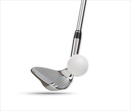 Chrome golf club wedge iron hitting golf ball on white background