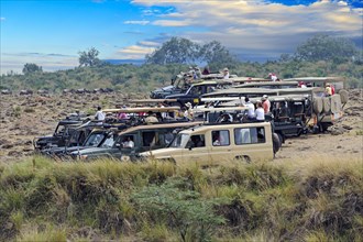 Safari cars on the Mara River with tourists waiting for gnu migration