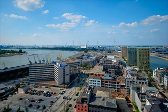 Aerial view of Antwerp city with port crane in cargo terminal. Antwerpen