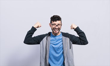 Person with Happy face raising arms in victory gesture isolated