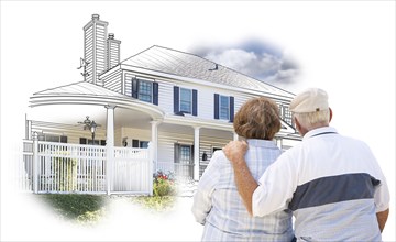Curious embracing senior couple looking at house drawing and photo combination on white