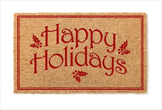 Happy holidays christmas tan welcome mat isolated on white background