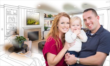 Young military family in front of living room drawing photo combination