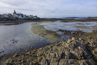 Old town of Roscoff with church Notre-Dame-de-Croaz-Batz at low tide