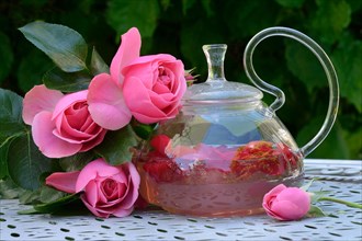 Rose tea in teapot and rose petals