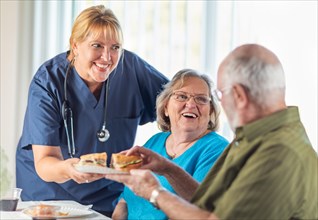 Female doctor or nurse serving senior adult couple sandwiches at table