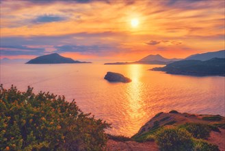 Aegean Sea with Greek islands view on sunset