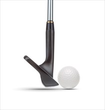Black golf club wedge iron and golf ball on white background