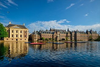 View of the Binnenhof House of Parliament and Mauritshuis museum and the Hofvijver lake