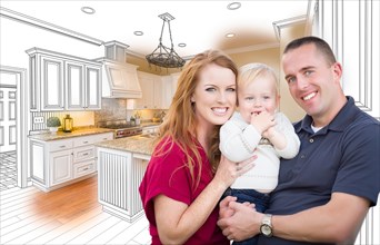 Young military family in front of kitchen drawing photo combination