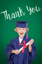 Young caucasian boy in graduation cap and gown against green chalkboard background with thank you