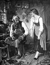 A shoemaker in his workshop repairing the shoe of a young woman who is already waiting for the repair