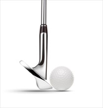 Chrome golf club wedge iron and golf ball on white background