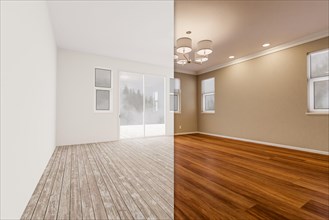 Unfinished raw and newly remodeled room of house before and after with wood floors