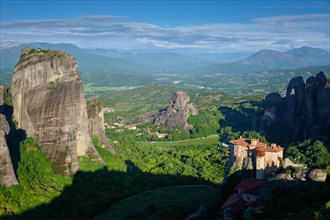 Monastery of Rousanou and Monastery of St. Nicholas Anapavsa in famous greek tourist destination Meteora in Greece in the morning