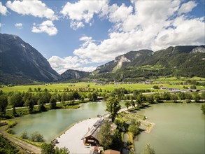 View from Trautenfels Castle to the castle pond and into the Enns Valley