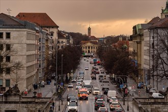 View over the busy Prinzregentenstrasse in Munich at dusk