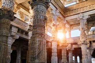 Columns pillars of beautiful Ranakpur Jain temple or Chaturmukha Dharana Vihara