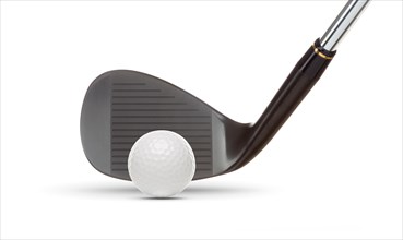 Black golf club wedge iron and golf ball on white background