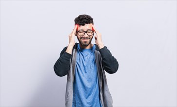 People rubbing his head on isolated background