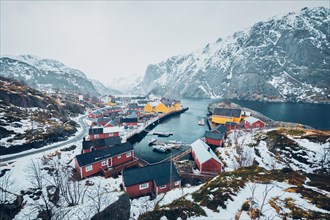 Nusfjord authentic fishing village in winter. Lofoten islands