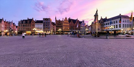 Spherical 360 panorama Bruges Grote markt square with Belfry tower and Provincial Court building famous tourist destination and in Bruges
