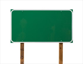 Blank green road sign with wooden posts isolated on a white background