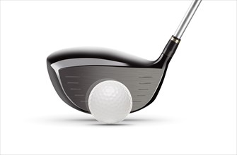 Wood driver golf club and golf ball on white background