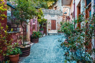 Scenic picturesque streets of Chania venetian town with colorful old houses. Chania greek village in the morning. Chanica