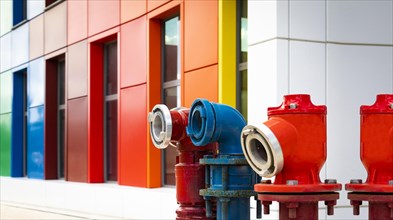Colored hydrants with colored building in background