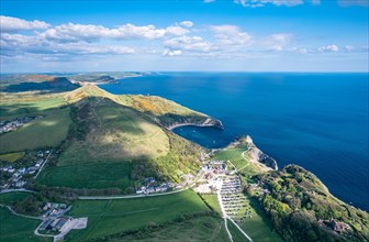 Panorama over Jurassic Coast and Clifs and Lulworth Cove from a drone
