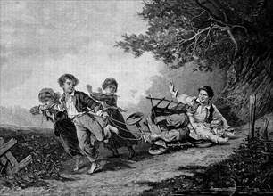 Children playing with an overturned handcart