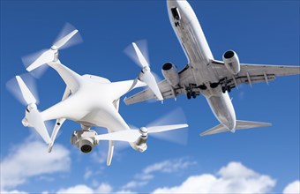 Unmanned aircraft system quadcopter drone in the air too close to passenger airplane
