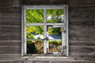View through a rustic wooden window onto the Feldsee