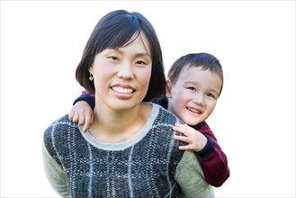 Chinese mother and mixed-race child isolated on a white background