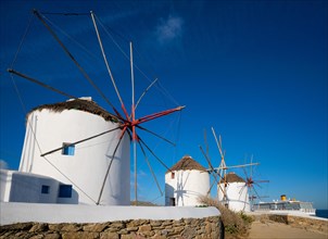 Scenic view of famous Mykonos town windmills