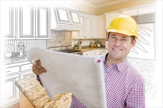 Smiling contractor holding blueprints over custom kitchen drawing and photo combination