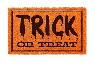 Trick or treat halloween orange welcome mat isolated on white background