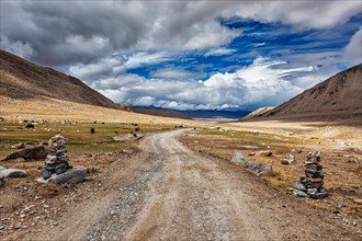 Road in Himalayas marked with stone cairns. Ladakh