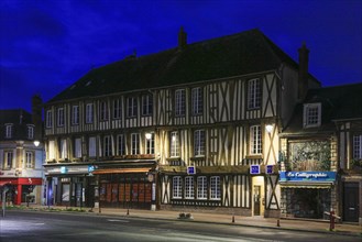 Half-timbered house on the market square in the early morning