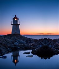 Lighthouse surrounded by rocks at night