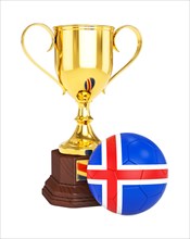 3d rendering of gold trophy cup and soccer football ball with Iceland flag isolated on white background