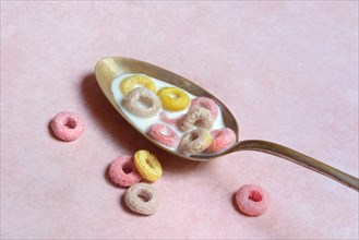 Fruit-flavoured cereal rings in spoon